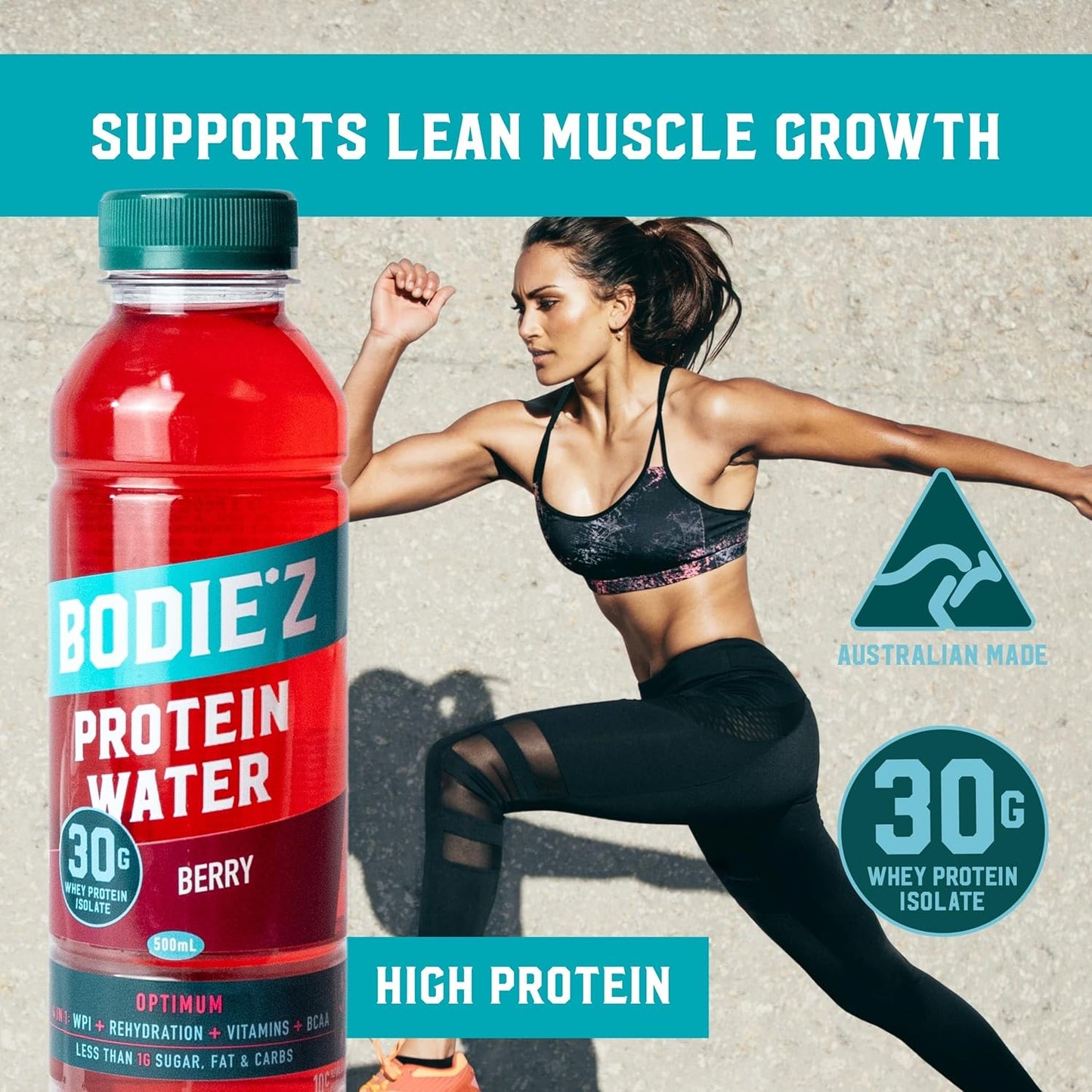 BODIE’Z Optimum 30g Whey Protein Water - Pre-Mixed Protein Powder Drink Less than 1g Sugar Fat and Carbs, 11 Vitamins and Minerals, Supplement for Lean Muscle Growth and Recovery, 500ml Berry 6 Pack