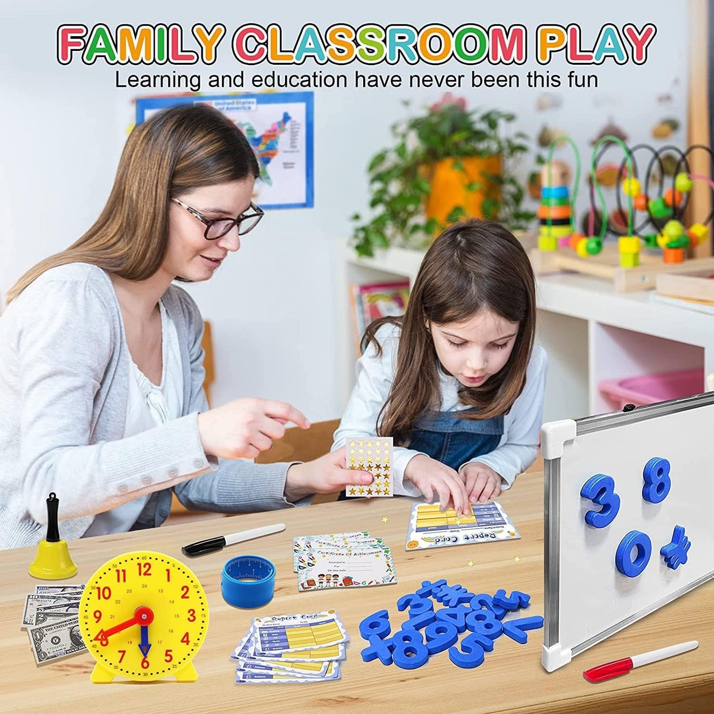 Alritz Pretend Play Teacher Set, Classroom Learning Education Includes Reusable White Board Bell Clock and More, Be Teacher Student, for Boys Girls 5 6 7 8 9 10 11 12 Years Old