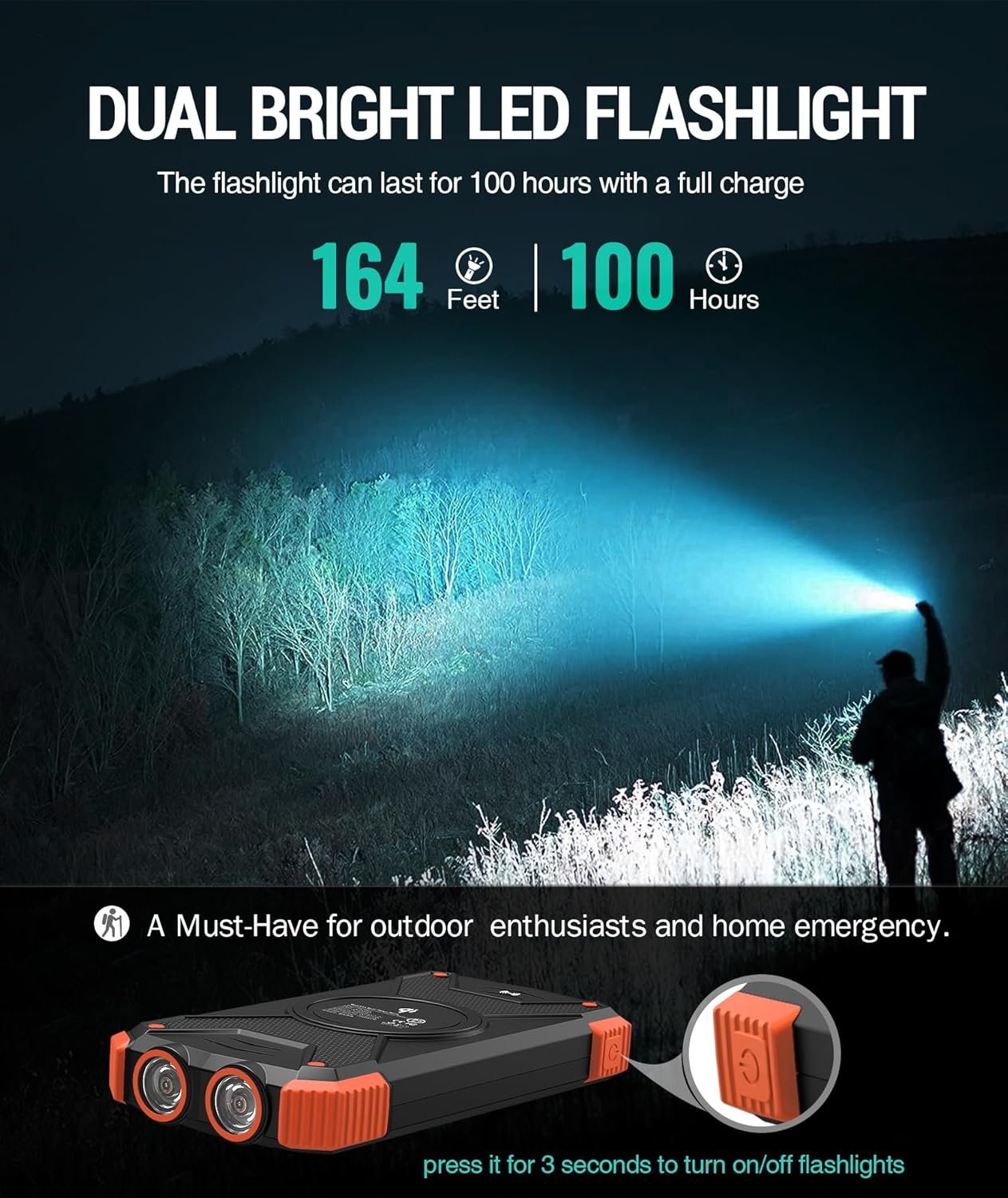 Solar Power Bank, Qi Portable Charger 10,000mAh External Battery Pack Type C Input Port Dual Flashlight, Compass (IPX4 Splashproof, Dustproof, Shockproof, Solar Panel Charging, DC5V/2.1A Input)