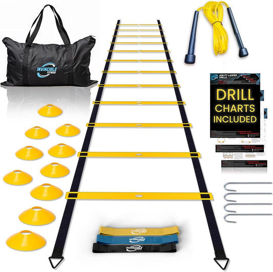 Invincible Fitness Agility Ladder Full Training Equipment Set, Improves Coordination, Speed, Power and Strength, Includes 10 Cones 4 Hooks and 3 Loop Resistance Bands for Outdoor Workout