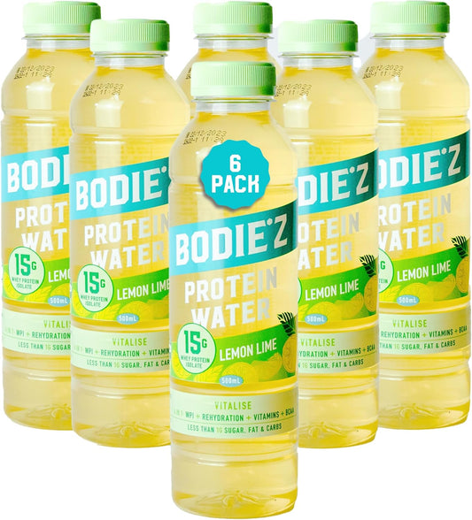 BODIE’Z Vitalise 15g Whey Protein Water - Pre-Mixed Protein Powder Drink, Less than 1g Sugar Fat and Carbs, 11 Vitamins and Minerals, Refreshing Supplement for Post Workout, 500ml Lemon Lime 6 Pack