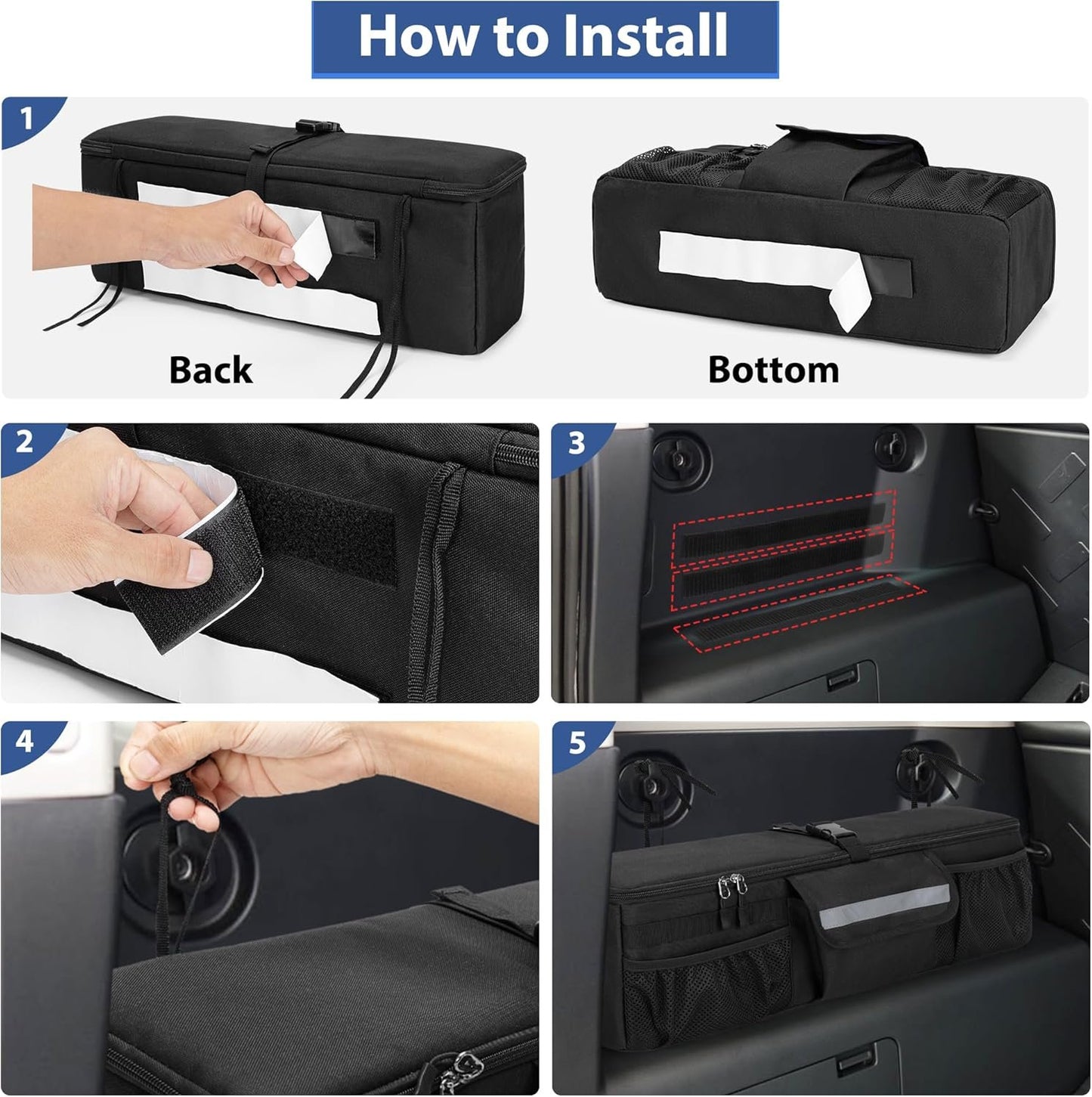 GRAOSO Car Trunk Organizer Compatible with Toyota FJ Cruiser 2007-2021, Rear Storage Bag with 3 Pieces of 1.5â€ Wide Hook&Loop Tapes, 2 Adjustable Hanging Loops, Multiple Pockets, Black
