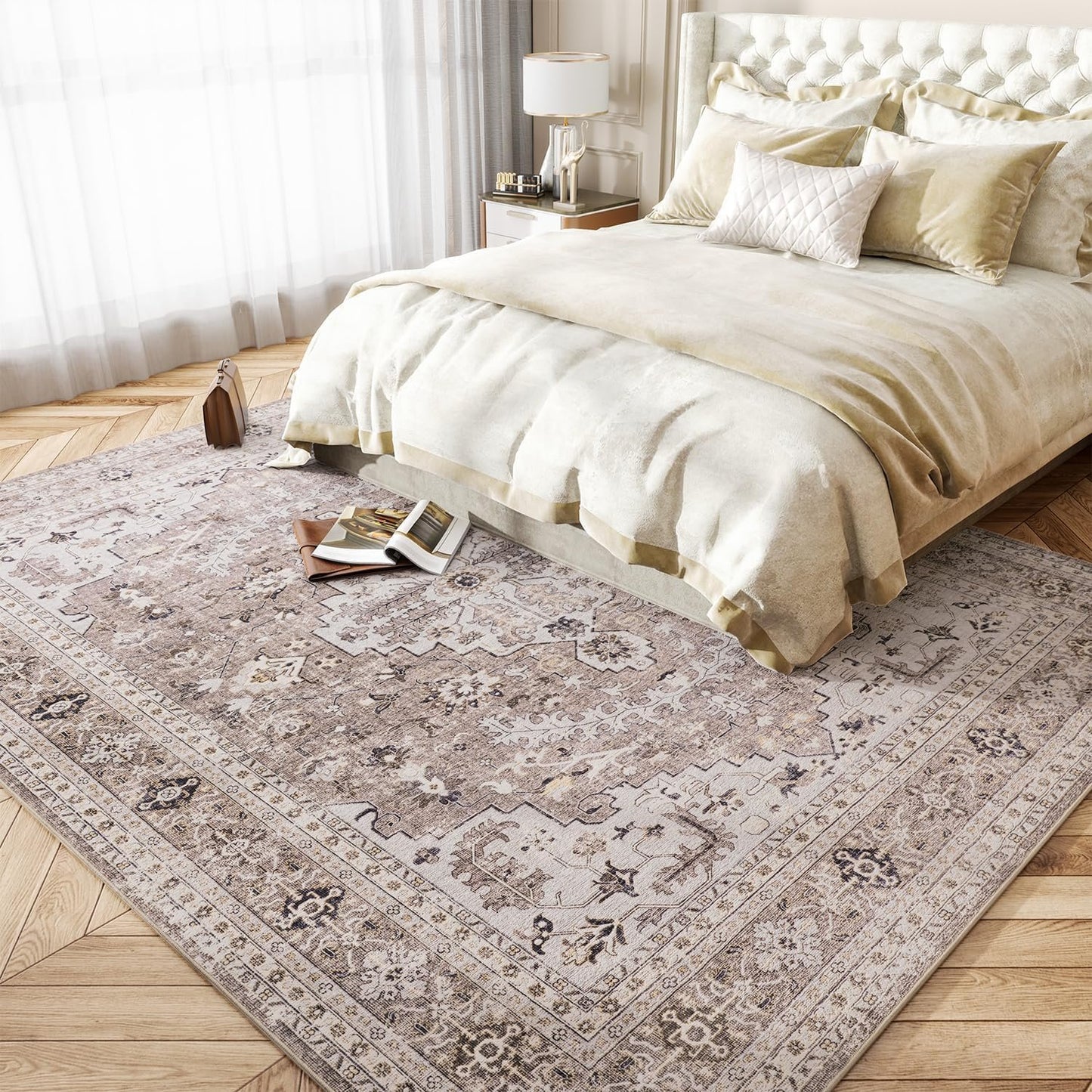 Area Rug for Living Room 5x7 Large Carpet-Machine Washable Vintage Traditional Rugs for Bedroom Dining Room Office Rug Non Slip Retro Taupe & Beige