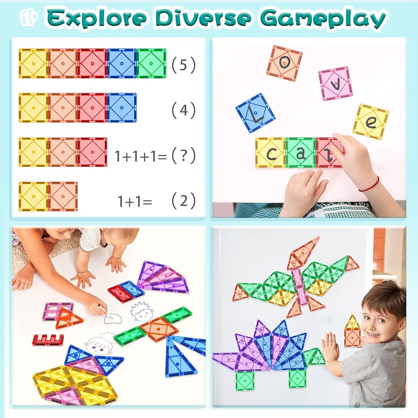 Magnetic Tiles Building Blocks 102pcs Advanced Set STEM Toys for 3+ Year Old Boys and Girls Learning by Playing Montessori Toys Toddler Kids Activities Games Christmas New Year Gifts