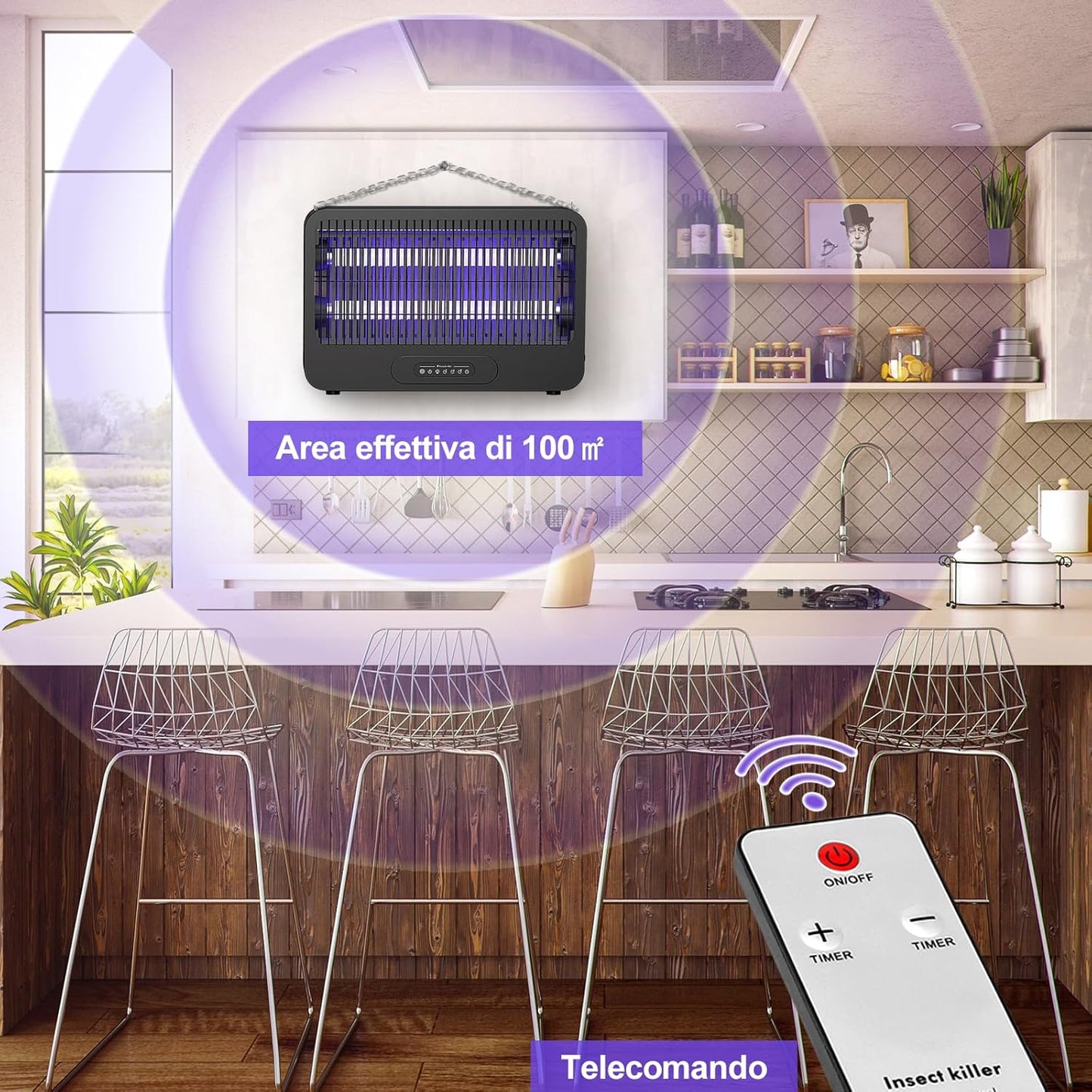 Mosquito Killer Lamp, Double Side 4000 V Electric Mosquito Net, 20 W UV Mosquito Lamp with Remote Control, 2 Reserve Bulbs, Effective Area 100 m², Suitable for Kitchen, Bedroom, Office (Black)