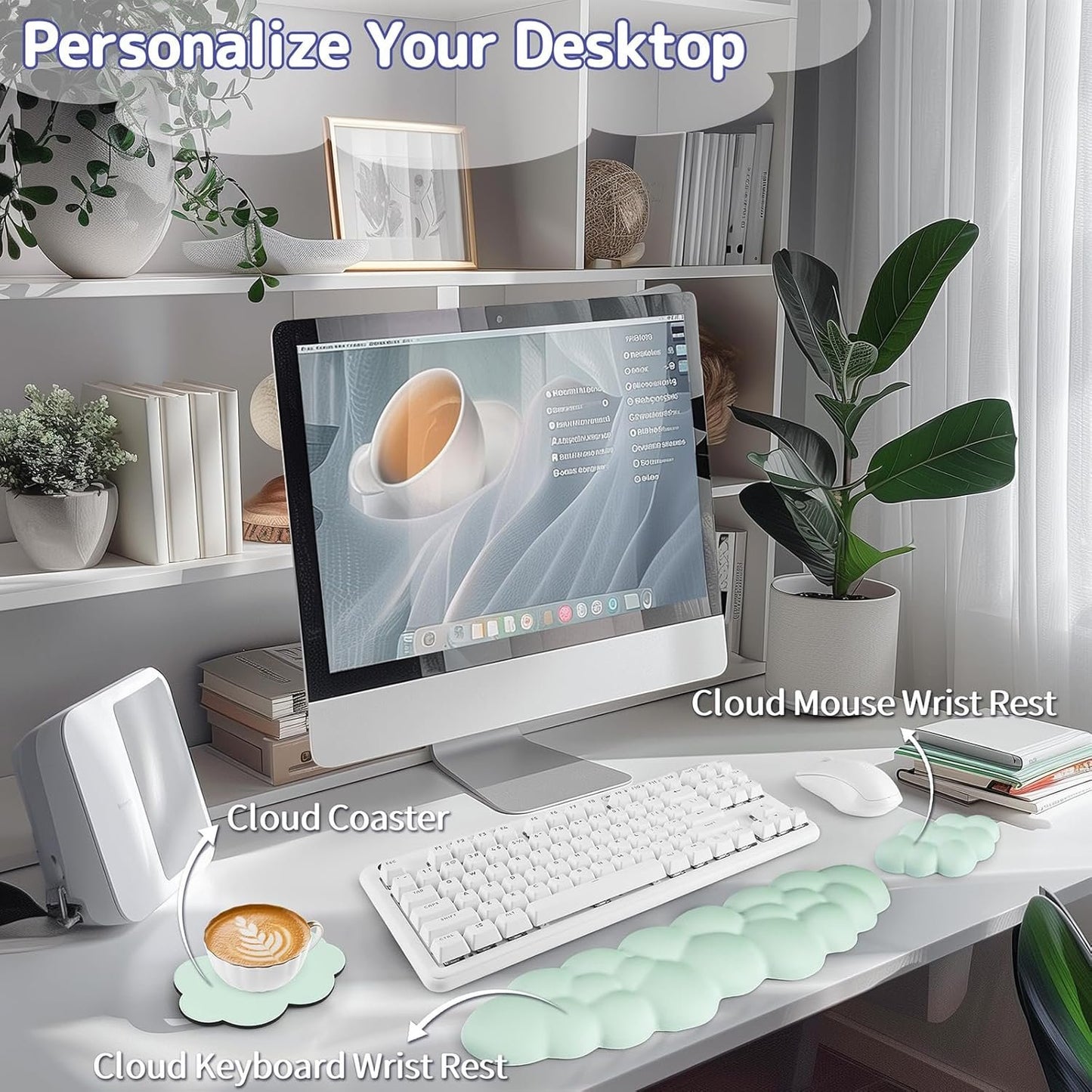 Sushret Cloud Wrist Rest Keyboard, Cloud Palm Rest Set with PU Leather Memory Foam, Cute Keyboard Rest for Wrist Support and Arm Rest, Desk Cloud Wrist Pad for PC/Gaming/Laptop/Computer-Light Green
