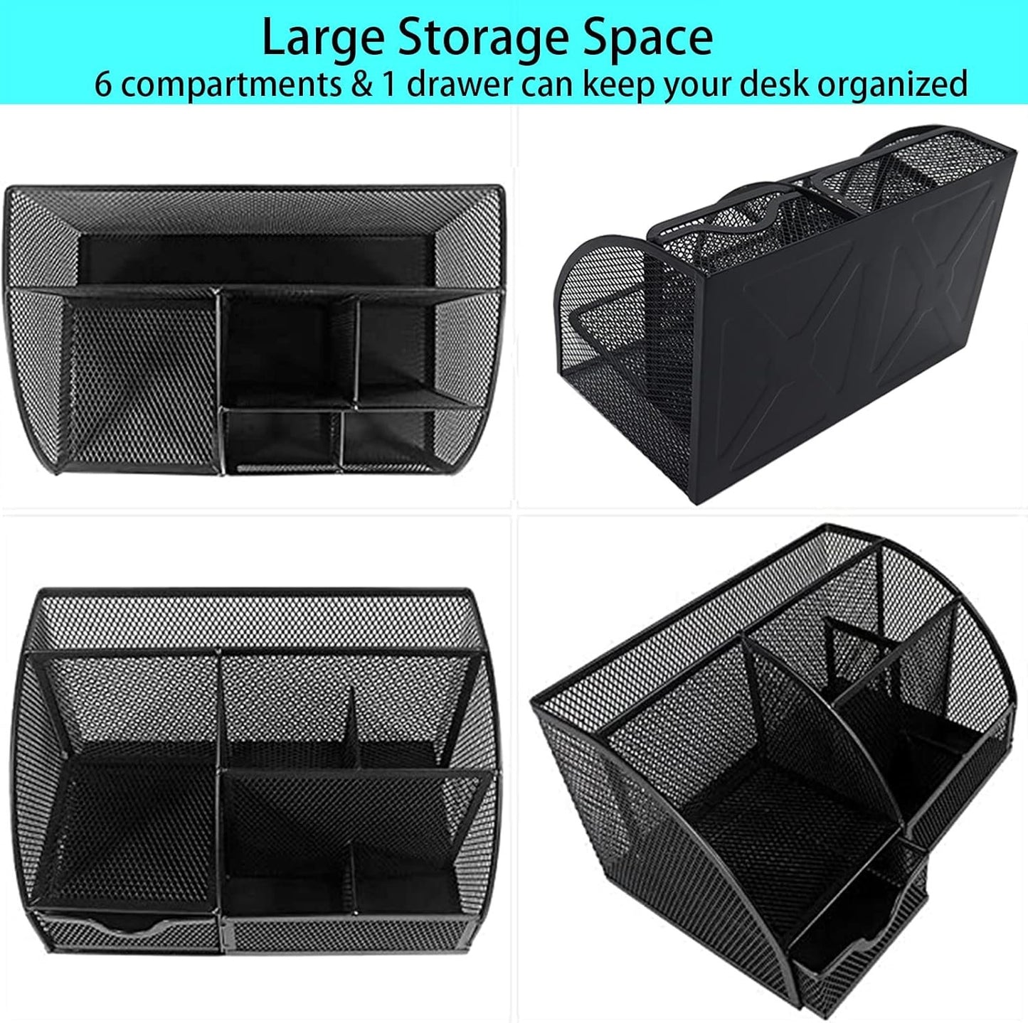 ZDZBLX Desk Organizers, Metal Mesh Stationery Desktop Organizer, Pen Holder Desk Organizer and Storage Office Supplies Desk Accessories Essentials Caddy with Drawer for Home, Office, School (Black)