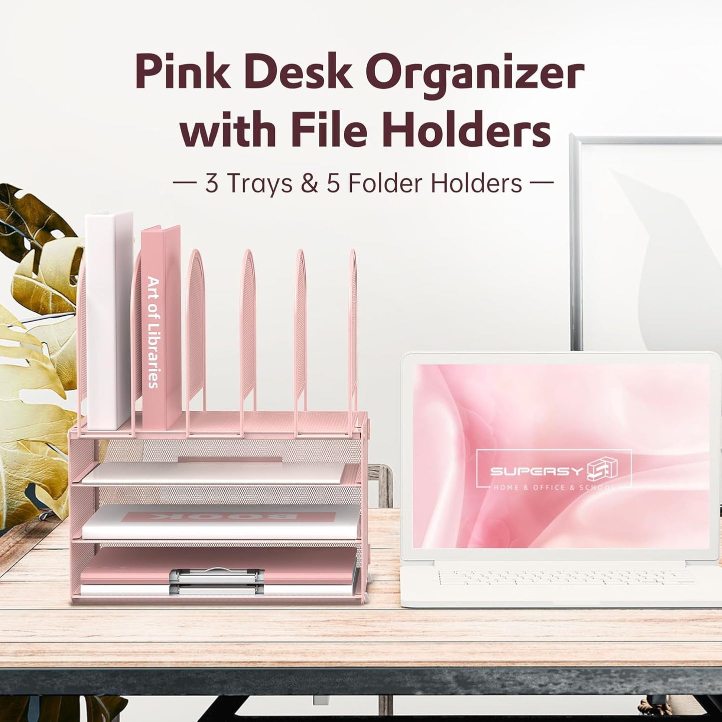 DALTACK Paper Desk Organizer, 3-Tier Letter Tray with 5 Vertical File Holders, Multifunction Desk Organizer, Desktop File Folder Organizer, Desk Organizers and Accessories for Home Office, Pink