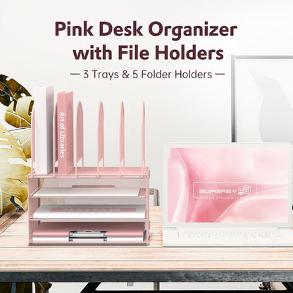 DALTACK Paper Desk Organizer, 3-Tier Letter Tray with 5 Vertical File Holders, Multifunction Desk Organizer, Desktop File Folder Organizer, Desk Organizers and Accessories for Home Office, Pink