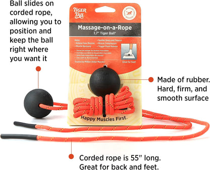Tiger Tail Tiger Ball 1.7 Foam Roller Ball + 50”+ Corded Rope – Deep Tissue Massage Ball: Feet, Legs, Neck, Back – Trigger Point Massage Therapy – Relieve Muscle Soreness – Muscle Recovery