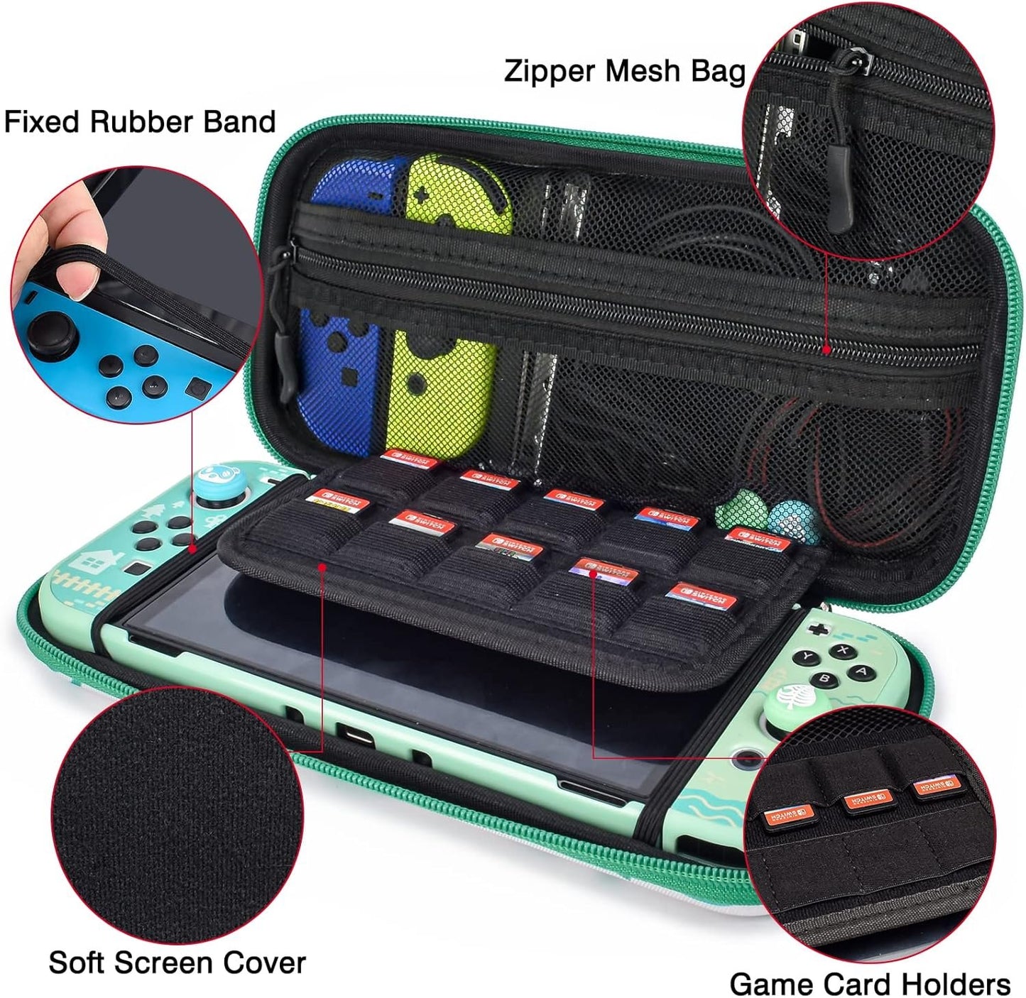 DLseego Animal Crossing Switch/Switch OLED Carrying Case Protective Hard Shell 10 Game Card Slots Slim Travel Storage Bag Switch/Switch OLED Accessories with 4PCS New Leaf Thumb Grips Caps