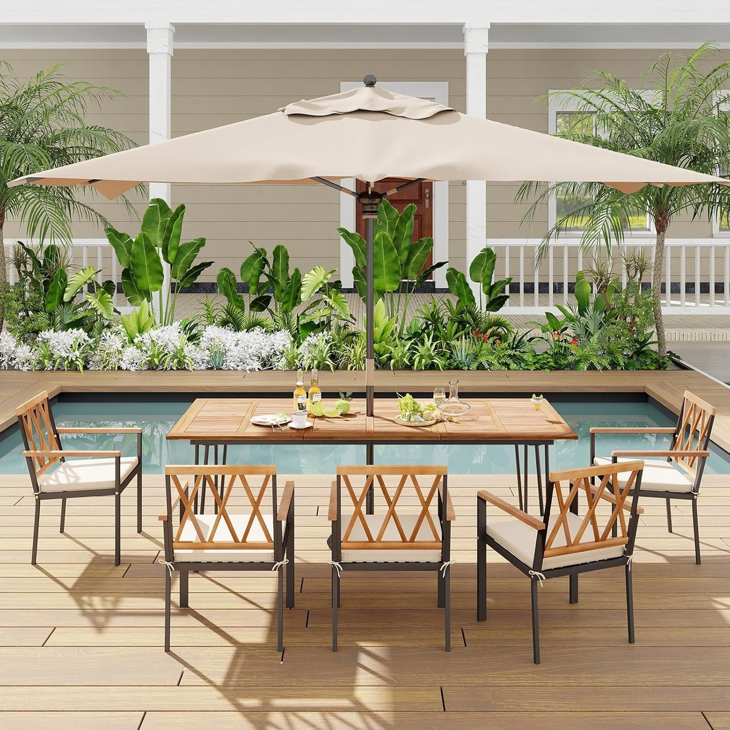 Tangkula 86.5-Inch Patio Dining Table, Indoor & Outdoor Dining Table w/Acacia Wood Tabletop & Metal Legs, Rectangular Wood Table w/Umbrella Hole for Patio Yard Deck, for 8 People