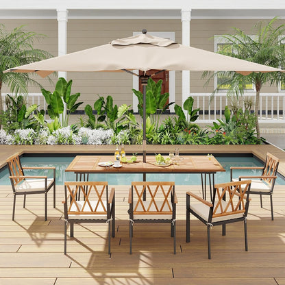 Tangkula 86.5-Inch Patio Dining Table, Indoor & Outdoor Dining Table w/Acacia Wood Tabletop & Metal Legs, Rectangular Wood Table w/Umbrella Hole for Patio Yard Deck, for 8 People