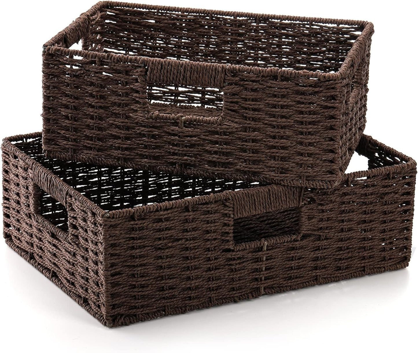 TOPZEA 2 Pack Large Rectangular Wicker Basket for Shelves, Kraft Paper Rope Woven Shelf Baske Storage Baskets with Handle, Decorative Closet Organizer Bins Organization for Home, Office, School