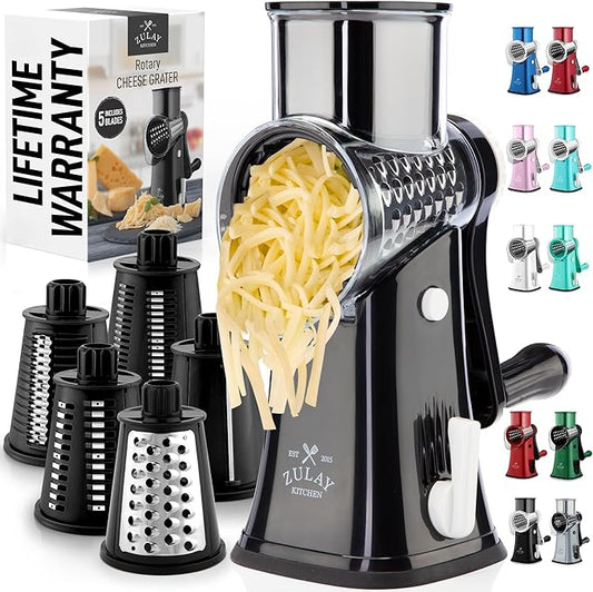 Zulay Kitchen Rotary Cheese Grater 5 Blade Cheese Shredder - Manual Hand Crank Cheese Grater With Reinforced Suction & 5 Interchangeable Drums - Easy to Use, Vegetable Chopper Round Mandoline Slicer