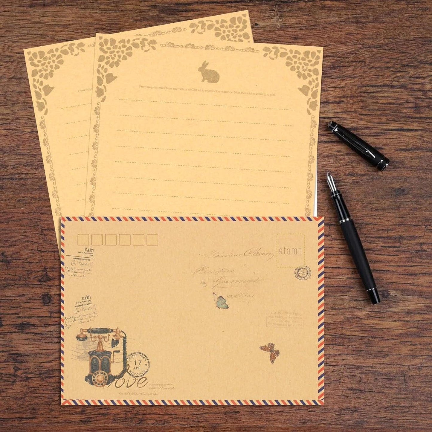 KSIWRE 48 PCS Vintage Style Stationery Paper and Envelopes Set, 32 PCS Lined Stationary Writing Paper with 16 PCS Envelopes, Old Looking Paper Antique Paper for Writing Letters Party Invitations
