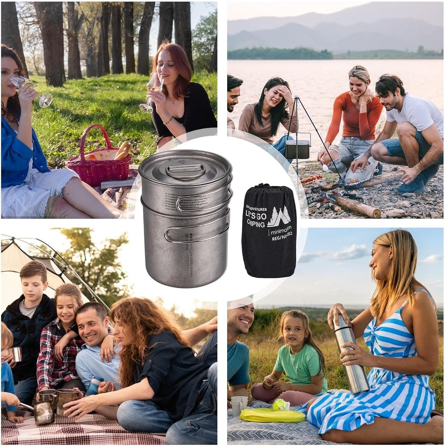 Jvjggag Camp Cooking Set, Cookware Stainless Steel, Lightweight Gear Portable with Handle Two Folding Pots for Backpacking RV Camping Outdoor Picnic Bushcraft Travel