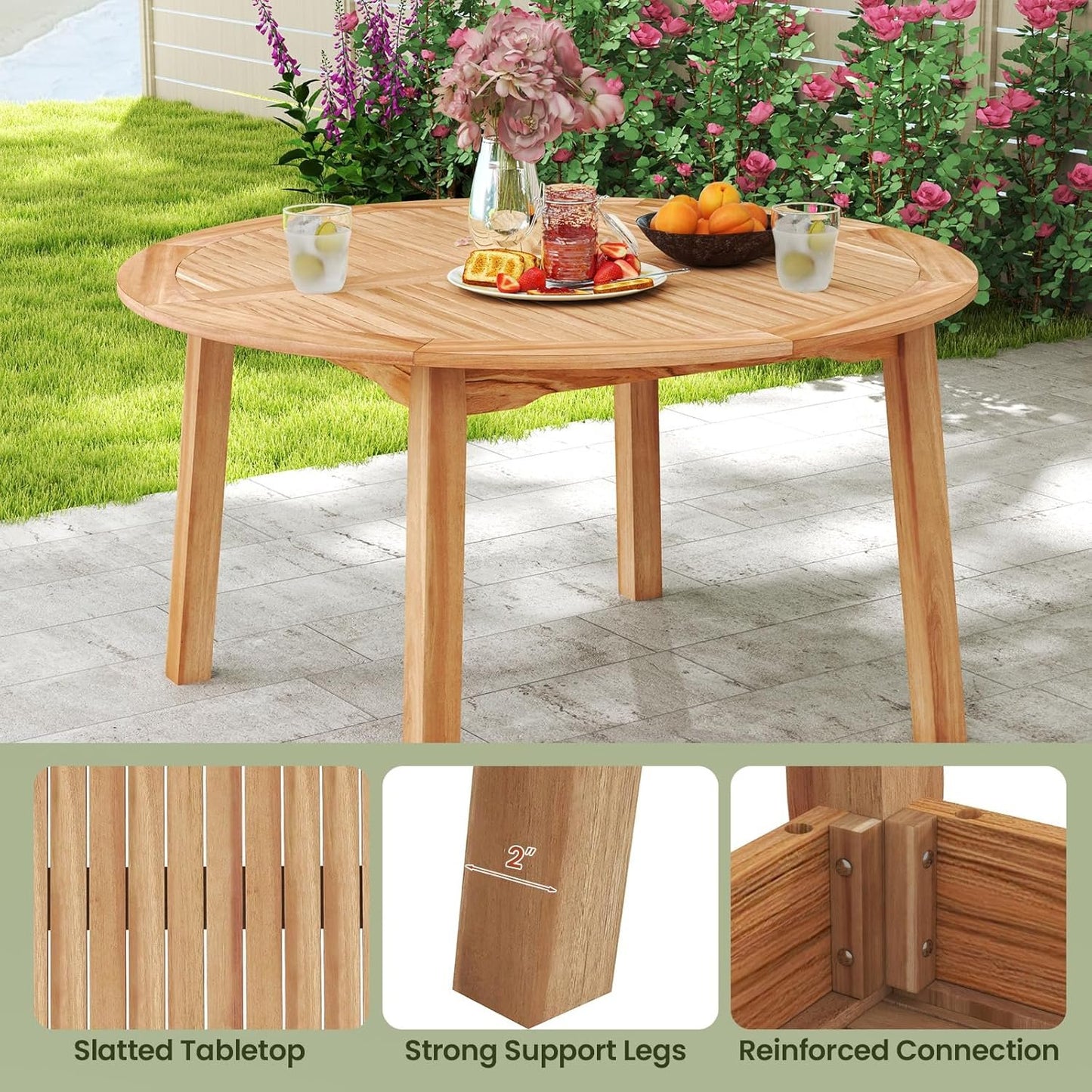 HAPPYGRILL Round Patio Dining Table, Acacia Wood Outdoor Dining Table with 2" Umbrella Hole and Slatted Tabletop for 4-6 Person, 53-Inch Dining Furniture for Yard, Deck Lawn, Garden, Natural