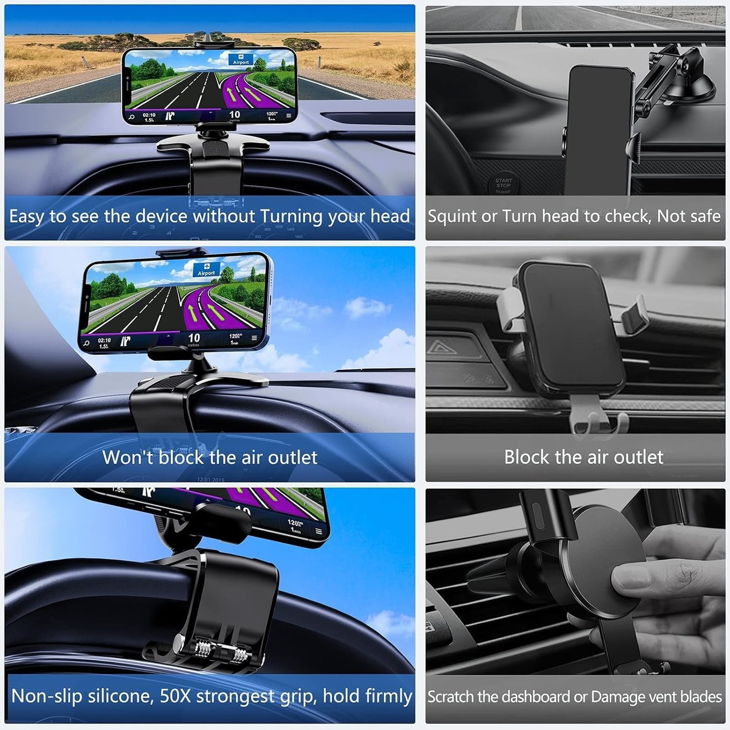 Car Phone Holder, Adjustable Mobile Phone Holder for Dashboard and Windshield, 360 Degree Rotation, Compatible with Mobile Phones from 4.0 to 7.0 Inches