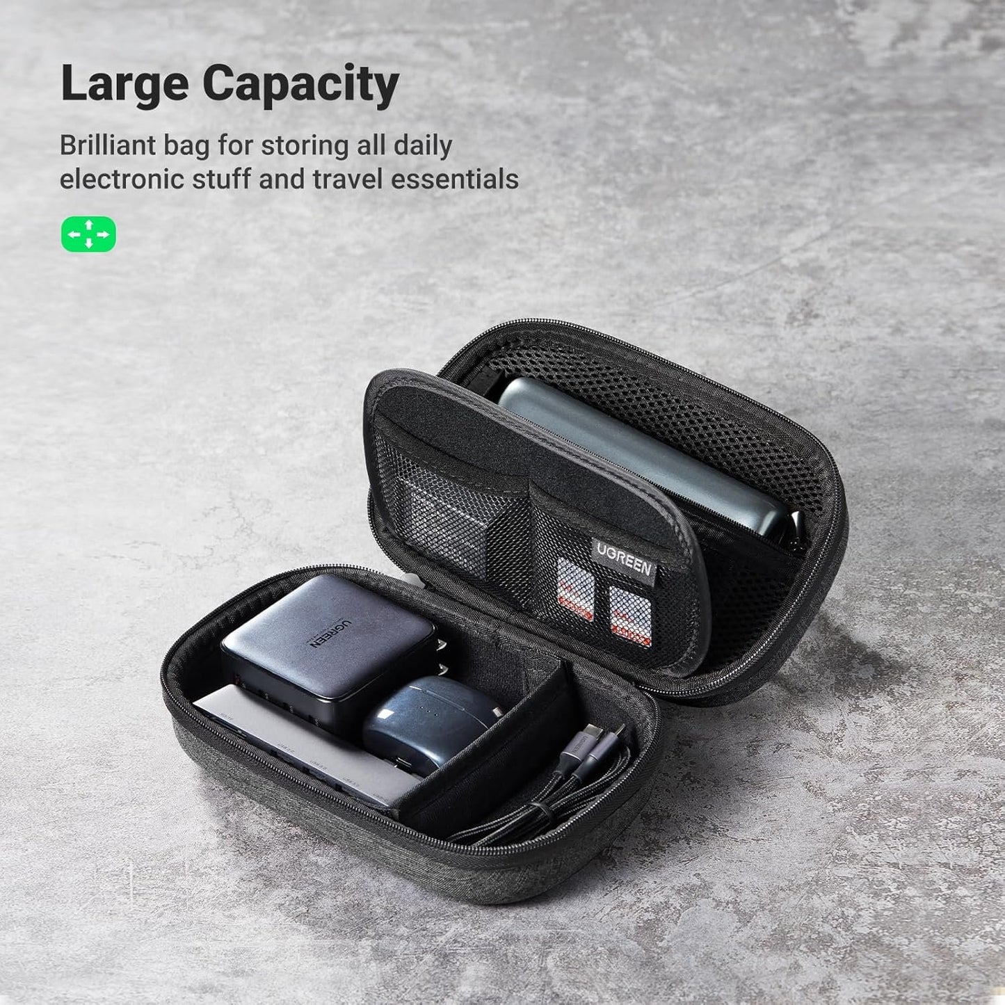UGREEN Travel Case Gadget Bag, Portable Electronics Accessories Organiser, Cable Tidy Storage Box Pouch, with Double Layer, Zipper, Snap Hook, Carrying Strap, Small, Black