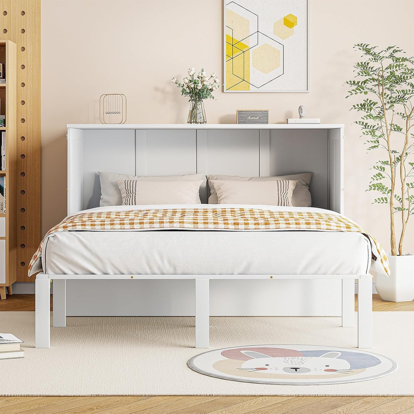 Billg Folding Double Bed 140 x 200 cm, Multifunctional Wall Bed 2 in 1, Modern Wardrobe Bed, Fold-Out Bed with Shelves and Slatted Base, Load 180 kg, Without Mattress