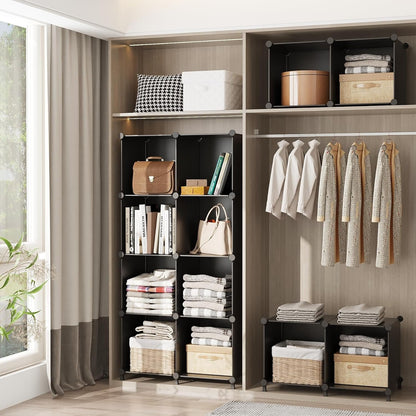 AWTATOS Cube Storage Organizer Modular Storage 12 Cube Bookshelf DIY Plastic Closet Storage Shelves with Wooden Mallet, Ideal Storage Solution for Home, Office, Bedroom, Black