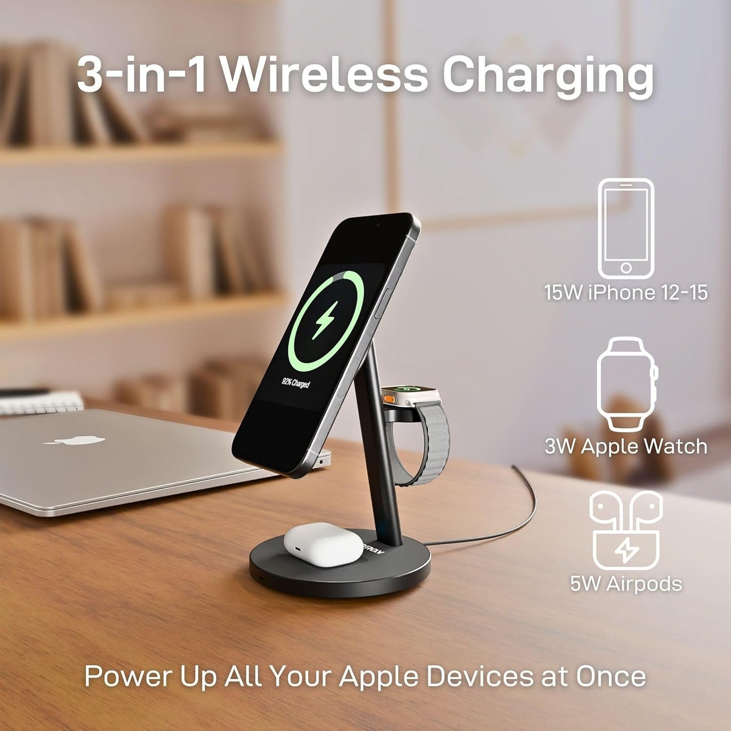 ZYRON 3-in-1 Wireless Charger for Apple, 15W Fast Wireless Charging Station, Qi2 Certified 3 in1 Wireless Charger Dock Compatible with iPhone 16/15/14, Airpods, Apple Watch, iWatch 10/9/8, Black