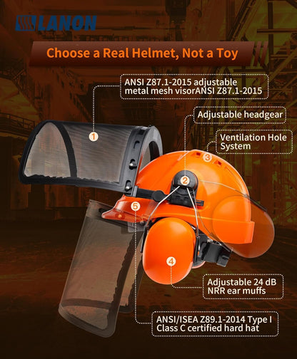 LANON Chainsaw Helmet Forestry Safety Helmet Protection System,ANSI Approved Hard Hats with Adjustable Ear Muffs & Face Shield Visor, 6 Point Adjustable Ratchet Suspension, Class C, Orange