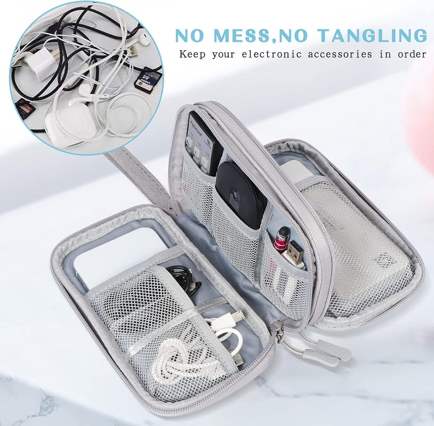 CAOODKDK Electronics Accessories Cases, Travel Cable Organizer Pouch Bag, Portable Waterproof Double-Layer All-in-One Storage Bag, Charger&USB Cable/Power Bank/Magic Mouse/Earphones (Grey)