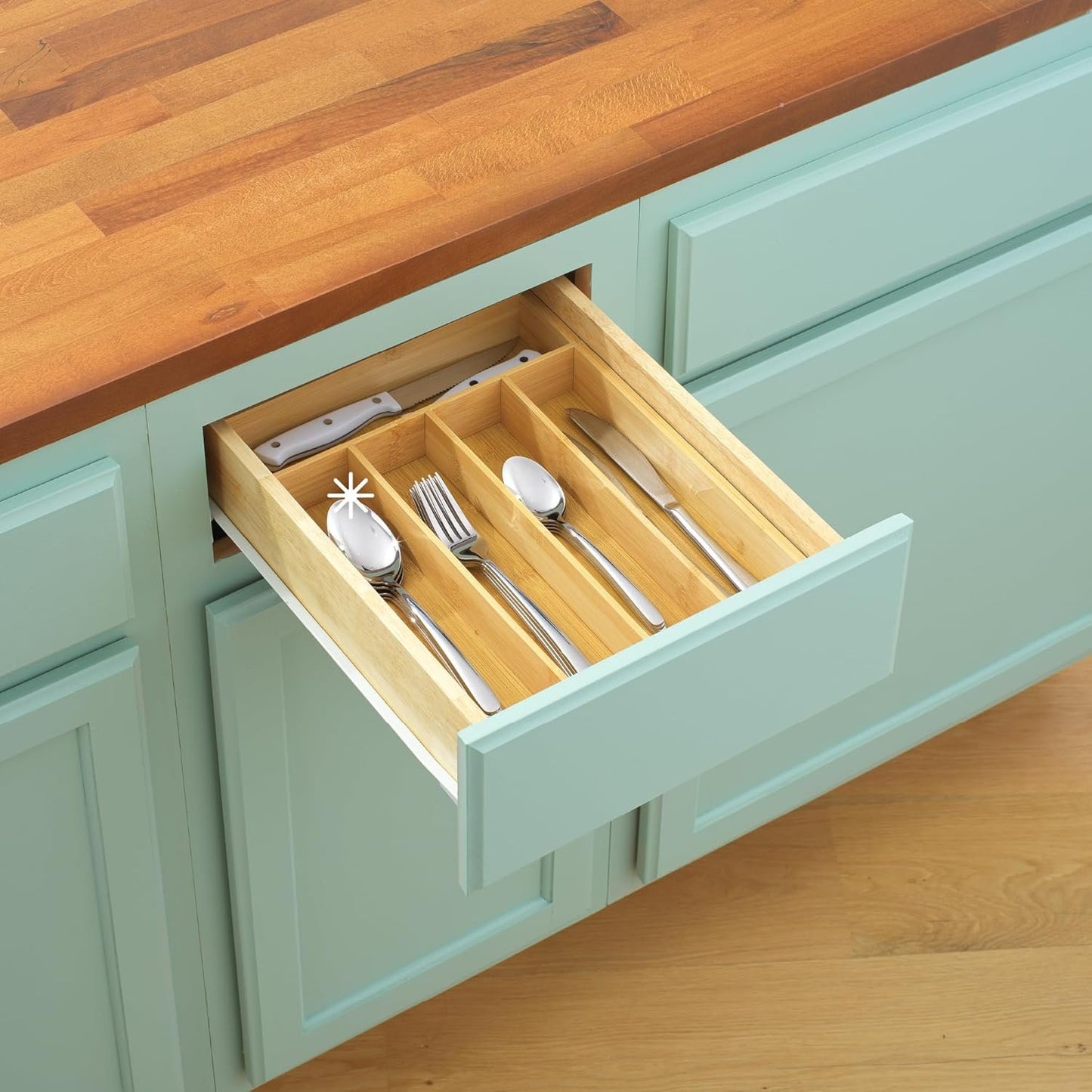 JoyJolt Bamboo Drawer Organizer for Kitchen Utensils, Drawer Divider for Large Cutlery and Silverware, Flatware Holder Tray, 5-Compartment Silverware Organizer, Garage Kitchen & Junk Drawer Organizer