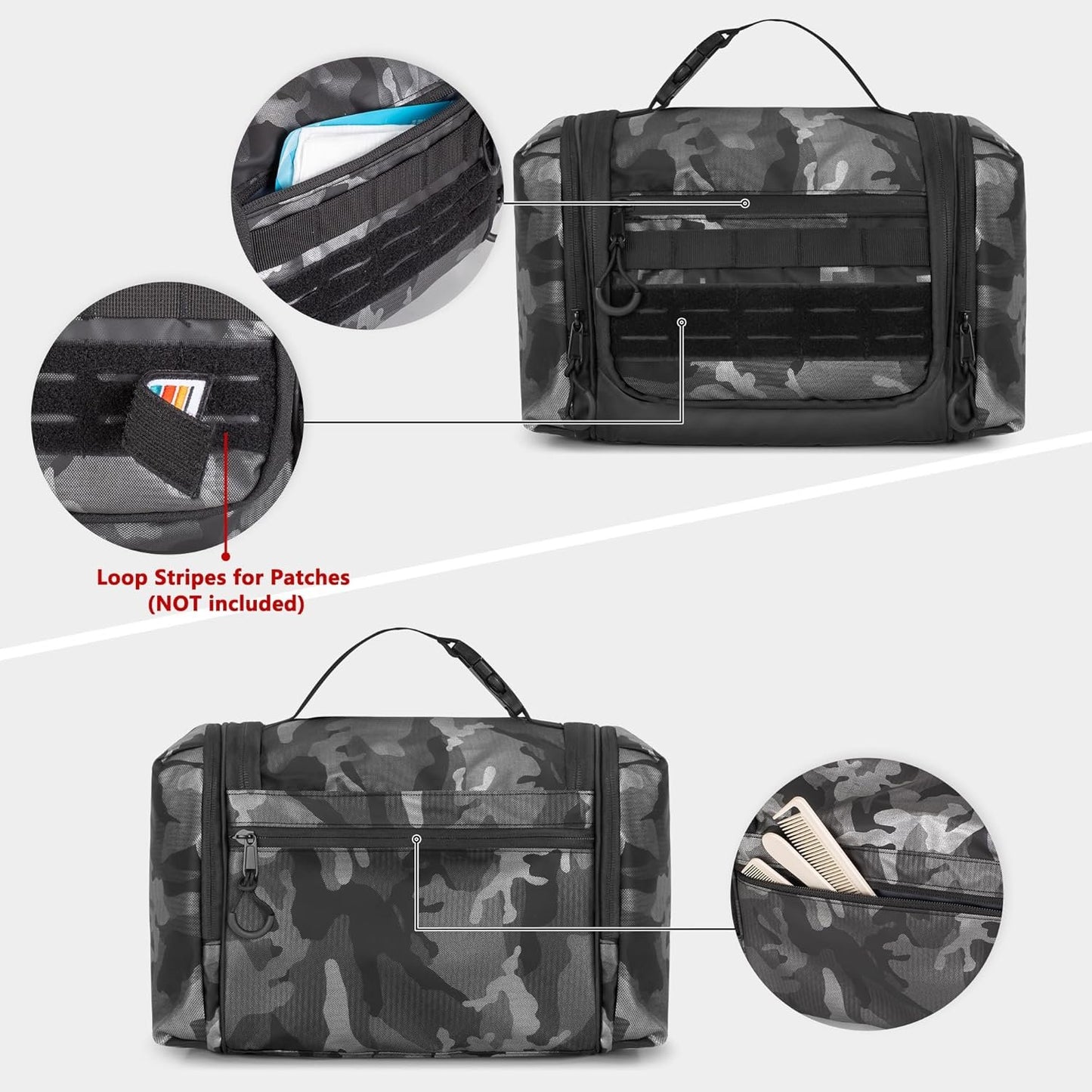 Prokva Hanging Toiletry Bag for Men, Tactical Dopp Kit Toiletry Travel Bag, Large Hygiene Organizer Shower Bag for Camping Outdoor, Black Camo