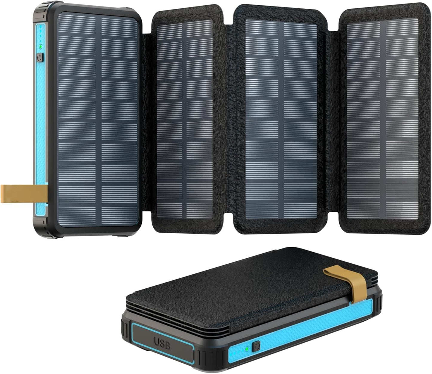 Yukaione 16000mAh Solar Power Bank with LED Light, Foldable 3-Panel Solar Charger, 5W Wireless Charging, USB-C Output, Waterproof Dustproof Shockproof Portable Battery (Blue)