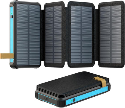 Yukaione 16000mAh Solar Power Bank with LED Light, Foldable 3-Panel Solar Charger, 5W Wireless Charging, USB-C Output, Waterproof Dustproof Shockproof Portable Battery (Blue)