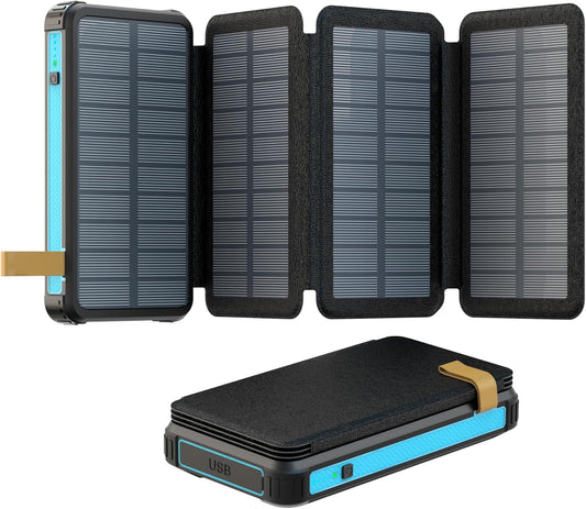 Yukaione 16000mAh Solar Power Bank with LED Light, Foldable 3-Panel Solar Charger, 5W Wireless Charging, USB-C Output, Waterproof Dustproof Shockproof Portable Battery (Blue)