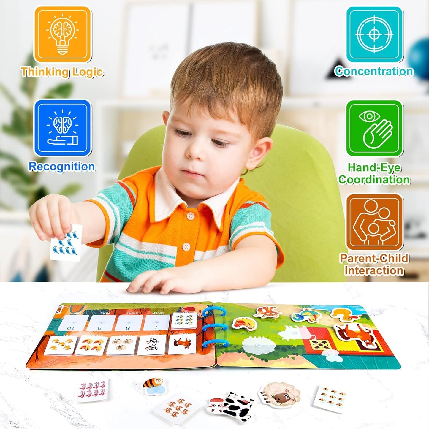 ASTARON Educational Montessori Toys Farm Busy Book for Toddler, 10 Themes Preschool Sensory Learning Toys, Kids Birthday Gift, Airplane Car Travel Activities for Toddlers