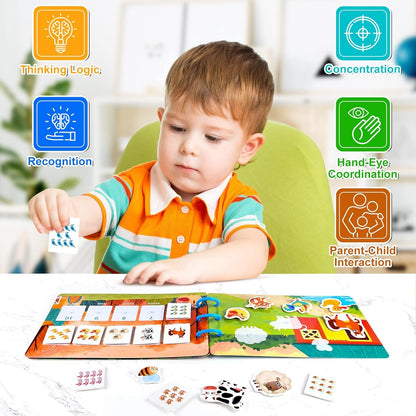 ASTARON Educational Montessori Toys Farm Busy Book for Toddler, 10 Themes Preschool Sensory Learning Toys, Kids Birthday Gift, Airplane Car Travel Activities for Toddlers