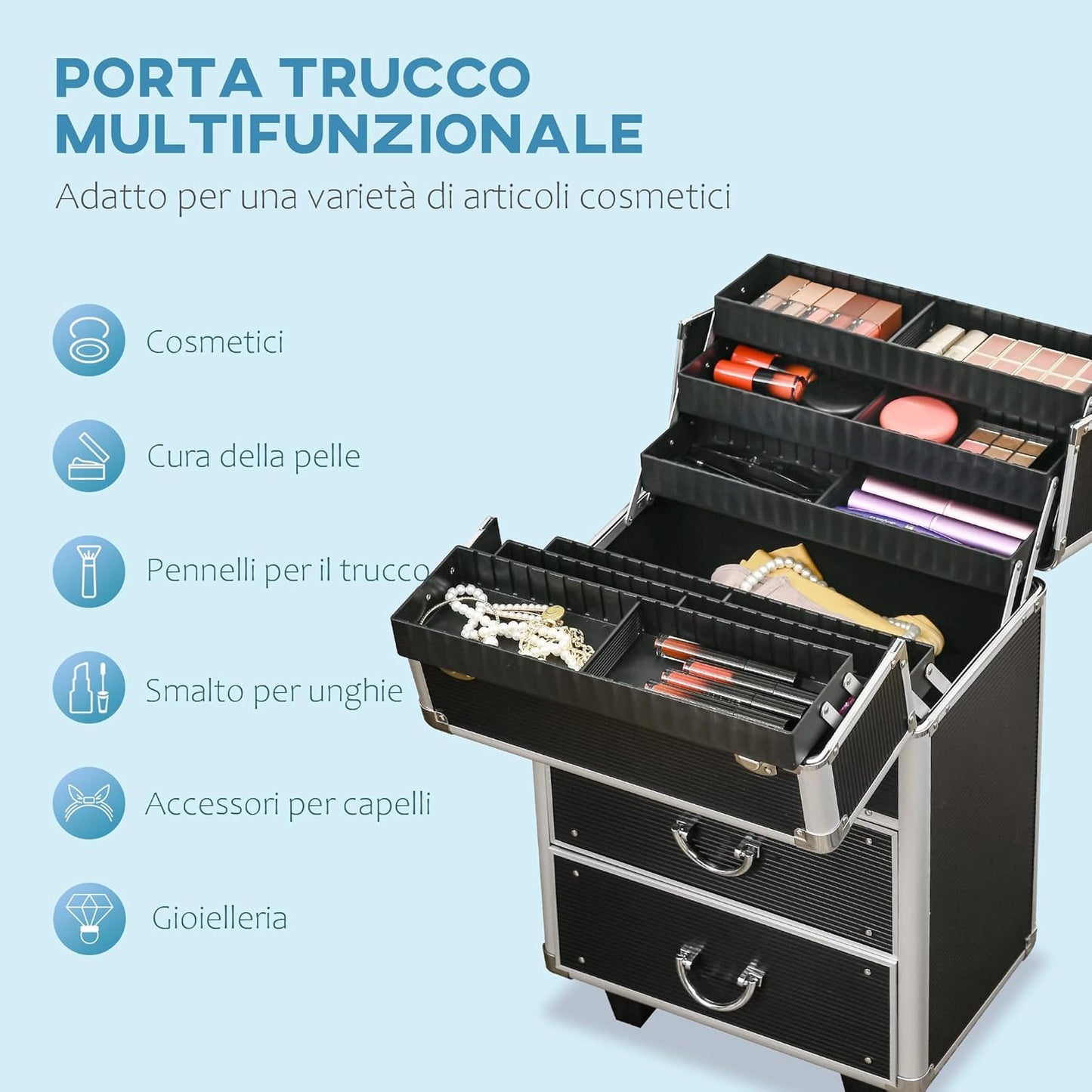 HOMCOM Professional Makeup Case, Reinforced Make Up Trolley in MDF, Aluminium and Steel, Lock with 2 Keys and Wheels, 36 x 23 x 58 cm, Black, modern