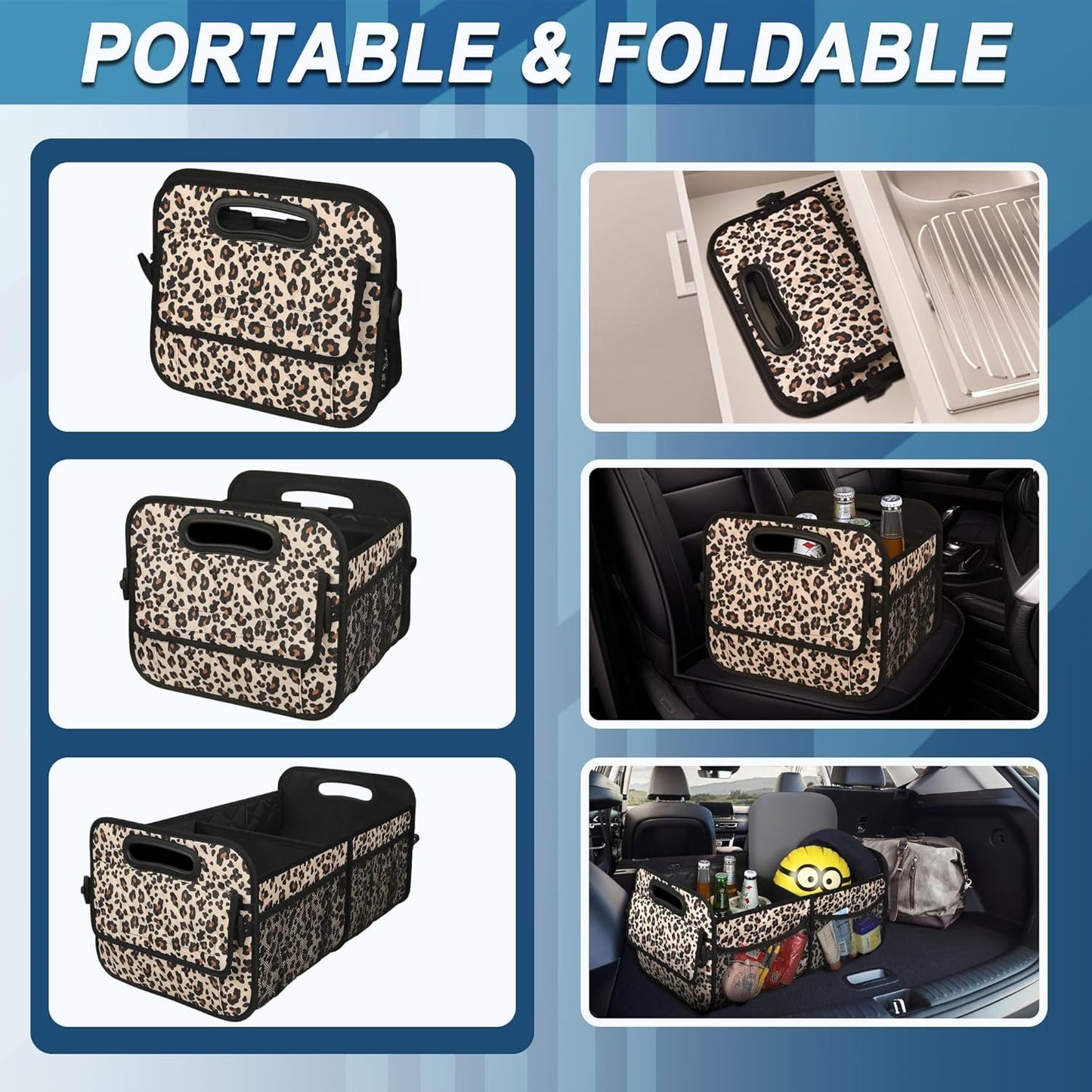 Deosk Car Trunk Organizer for SUV, 50L Waterproof Polyester Storage With 6 Big Pockets for Women/Men - Minivan/Truck (Medium, Leopard Print)