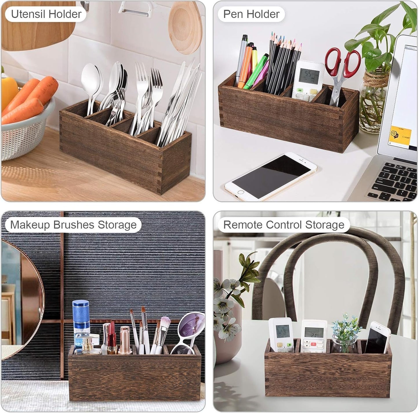 Kitchen Utensil Holder, Wooden Cutlery Holder, 4 Adjustable Smart Compartments Silverware Organizer Spoon Holder for Kitchen Accessories