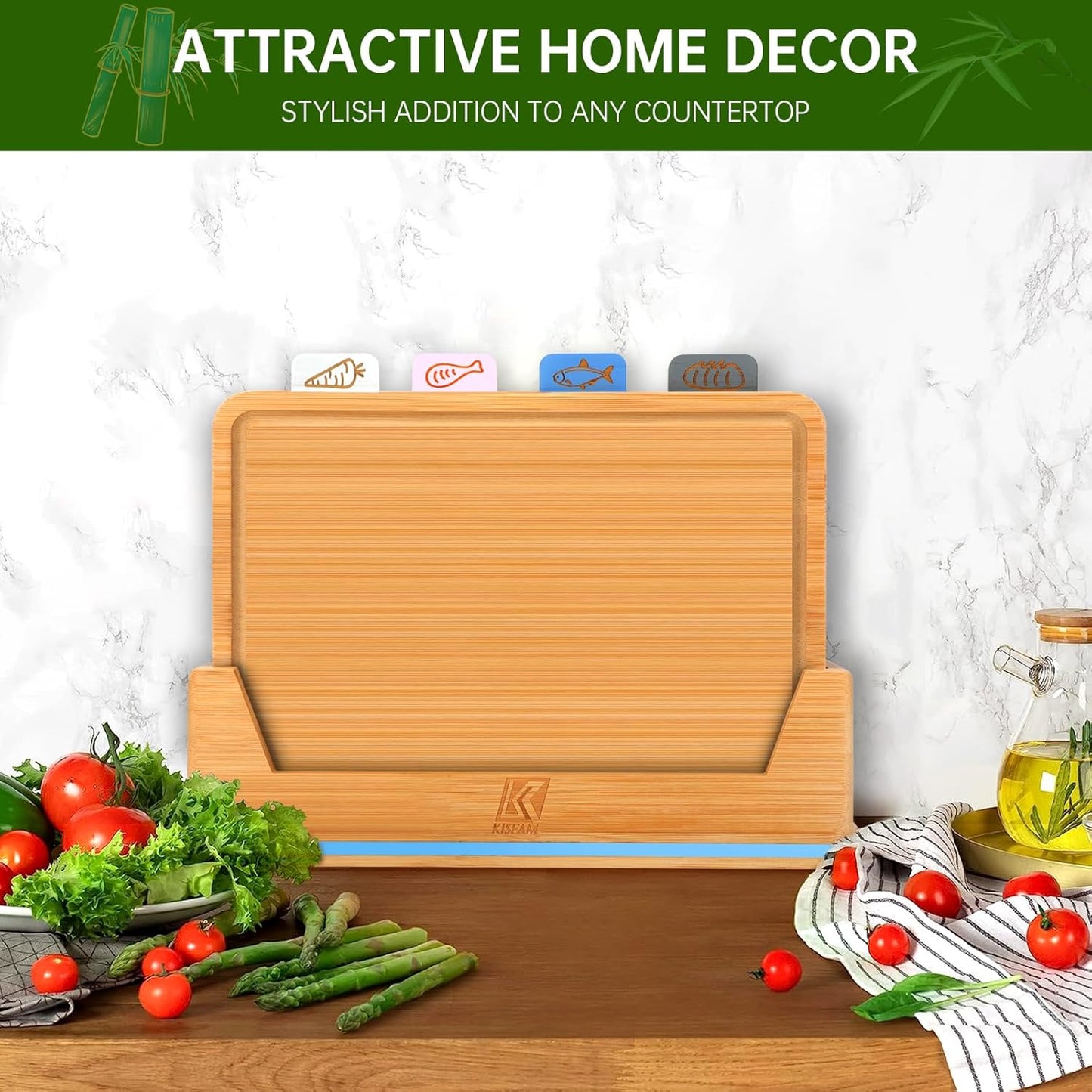 Bamboo Chopping Board, Cutting Board Set with Juice Groove, 4 Pieces Chopping Board Set with Stand, Perfect as Kitchen Tools & Gadgets, for Meat Prep Cheese Vegetables and Fruits