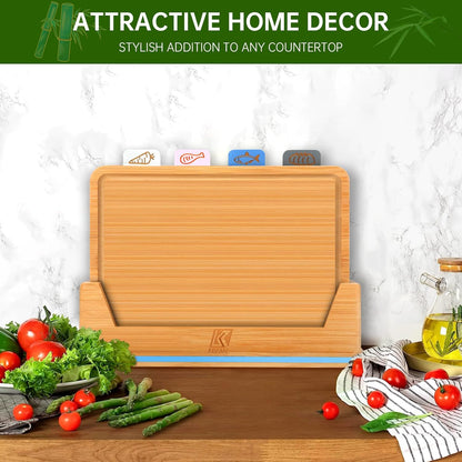 Bamboo Chopping Board, Cutting Board Set with Juice Groove, 4 Pieces Chopping Board Set with Stand, Perfect as Kitchen Tools & Gadgets, for Meat Prep Cheese Vegetables and Fruits