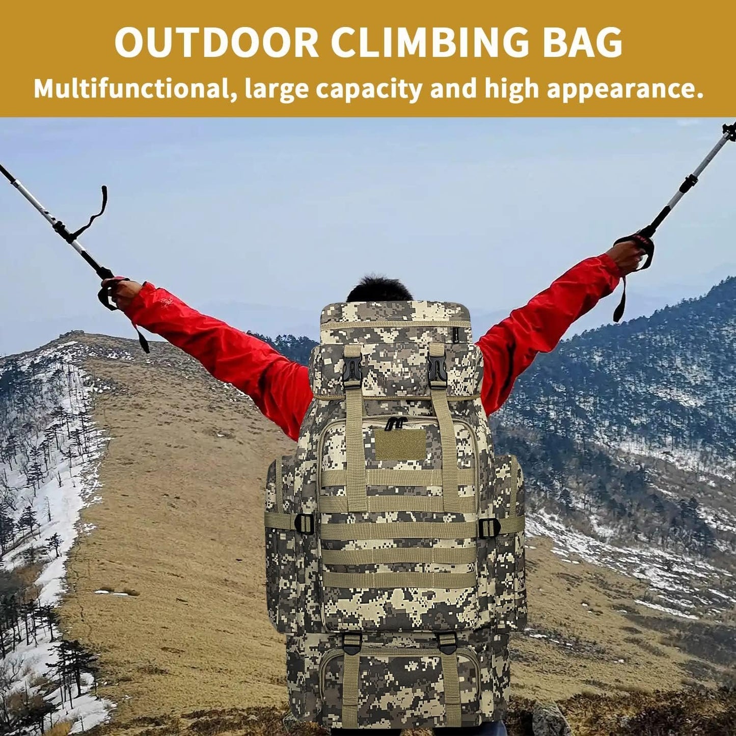 Vaupan Hiking Backpack, 80L Camping Backpack, Waterproof Large Outdoor Sport Travel Daypack Molle Rucksack for Men Women