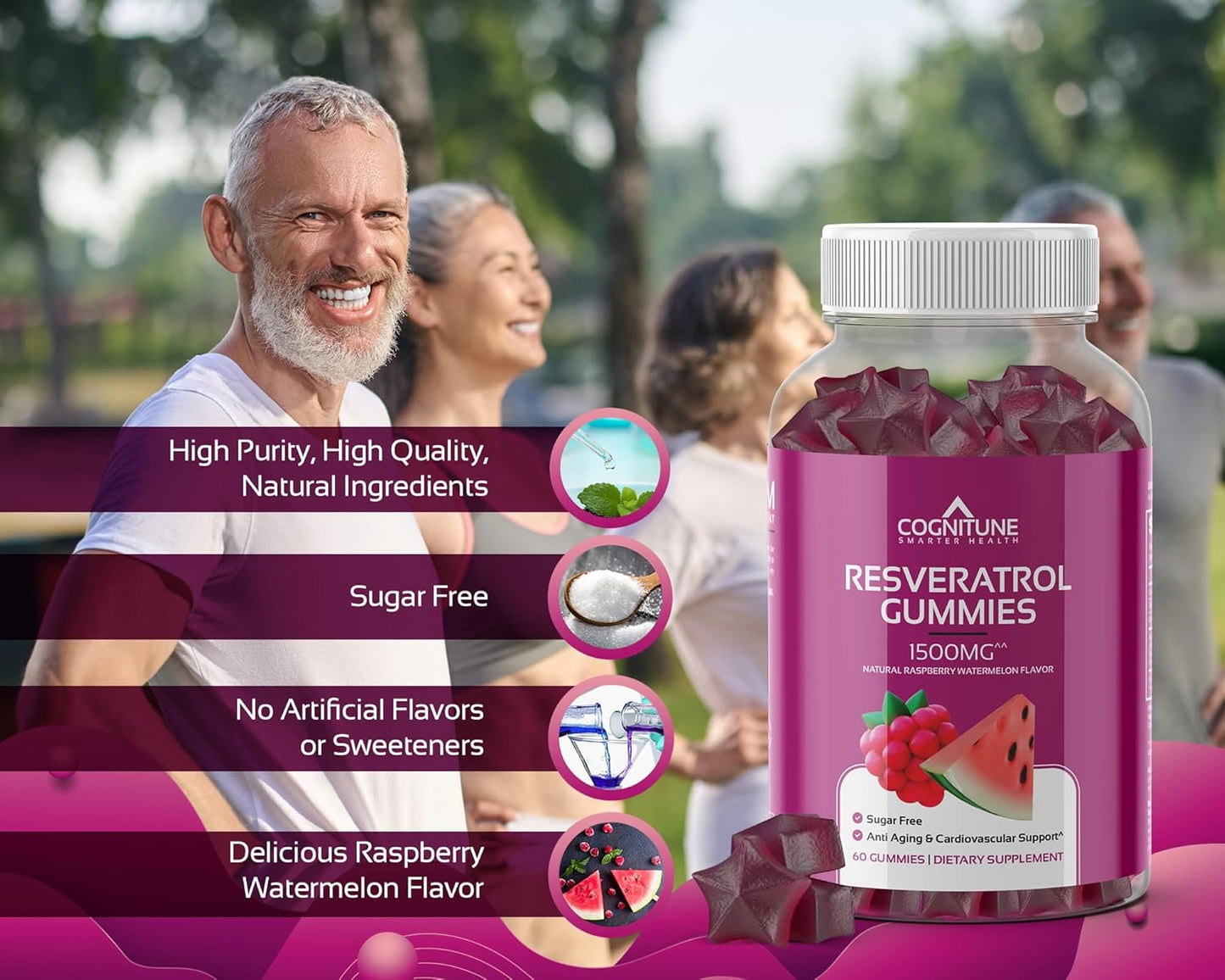 Resveratrol Gummies - Sugar Free Natural Raspberry Watermelon Flavor, 1500mg Resveratrol Supplement for Heart, Brain, Immune Support & Wellness, Powerful Antioxidant with Anti-Aging Benefits