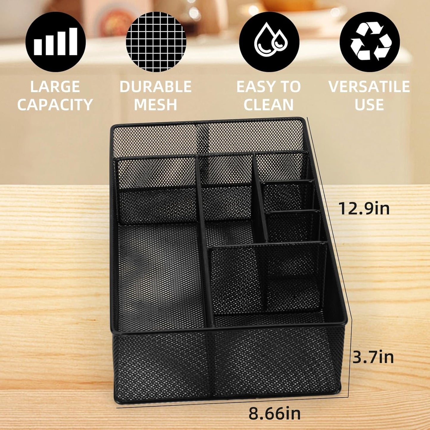 GOFULLHOME Paper Plate Organizer for Countertop, Metal Silverware Caddy Cutlery, Flatware Organizer Storage Box With 7 Compartments for Plates, Cups, Napkins
