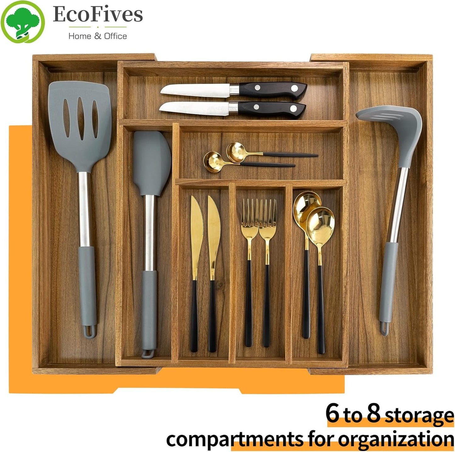 EcoFives Luxury Acacia Kitchen Drawer Organizer - Silverware Organizer - Utensil Holder and Cutlery Tray with Grooved Drawer Dividers for Flatware and Kitchen Utensils (8 Slot)