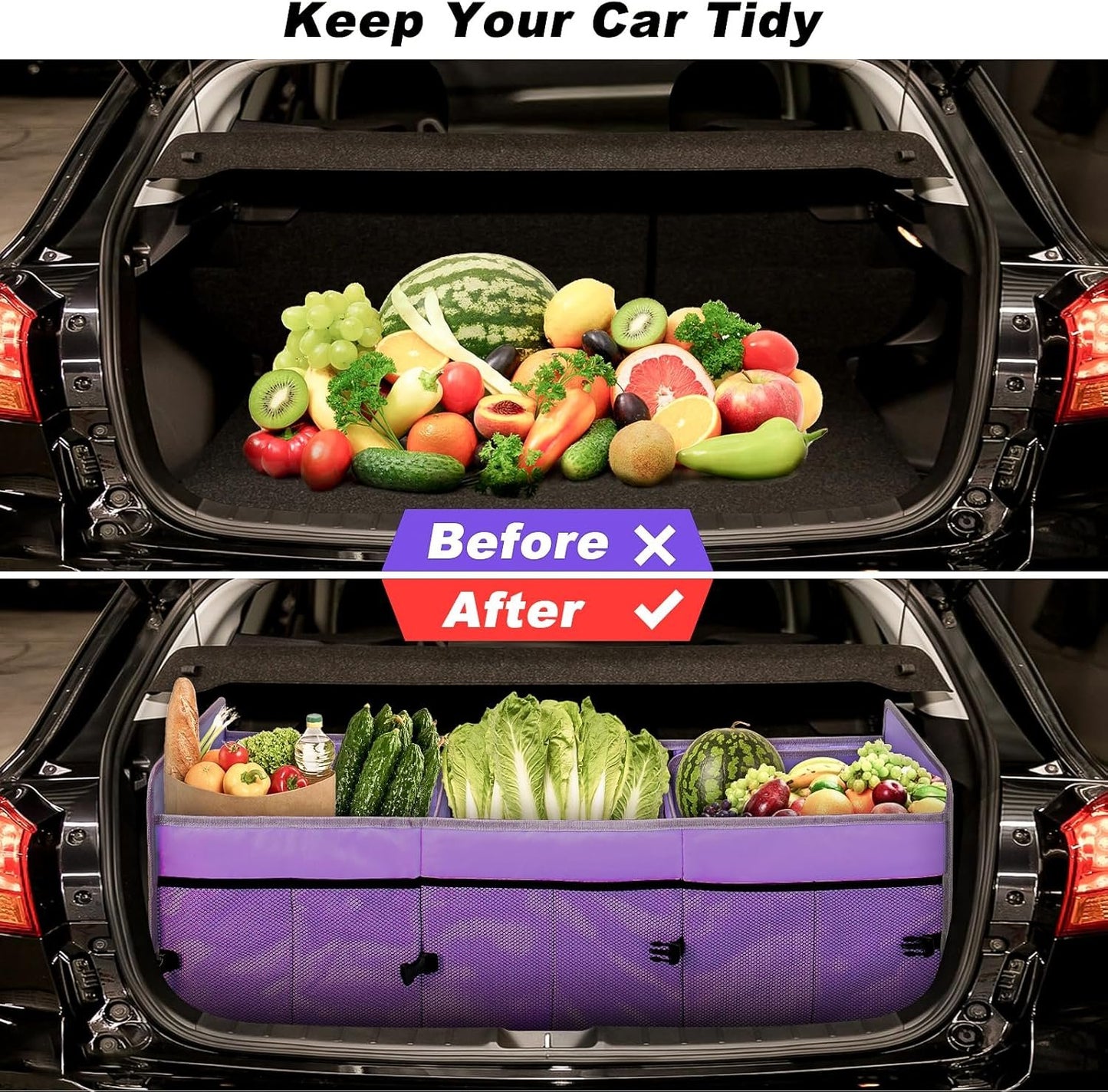 GPUSFAK Purple Car Trunk Organizer with Cooler Bag - 3 Compartment Collapsible Car Storage Organizer for SUV