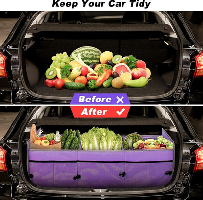 GPUSFAK Purple Car Trunk Organizer with Cooler Bag - 3 Compartment Collapsible Car Storage Organizer for SUV