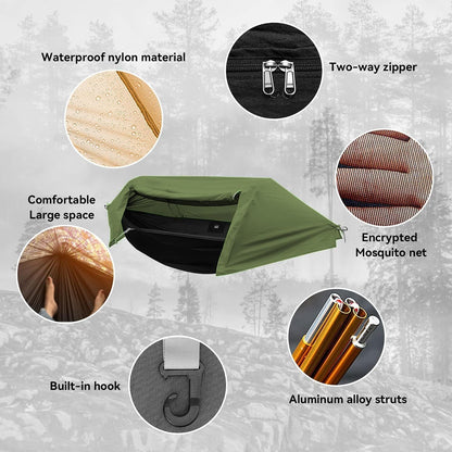 OZMSHF Hammock with Mosquito Net and RainFly Cover Camping Hammock Tent 440lbs Load,3 in 1 Waterproof Lightweight Portable Sleeping Hammock Bug Backpacker Travel Outdoor Gear with Tree Strap Swing