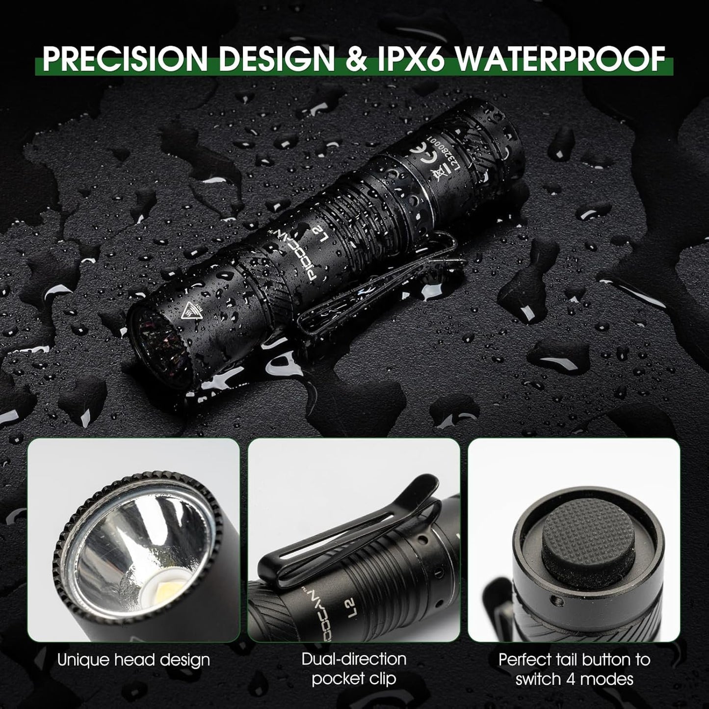 PIOOCAN Flashlight Rechargeable 1200 Lumens EDC Flashlight, Lampe De Poche Rechargeable Flashlights with Clip, Super Bright Small Flashlight with 4 Modes for Camping, Outdoor, and Emergency (Black)