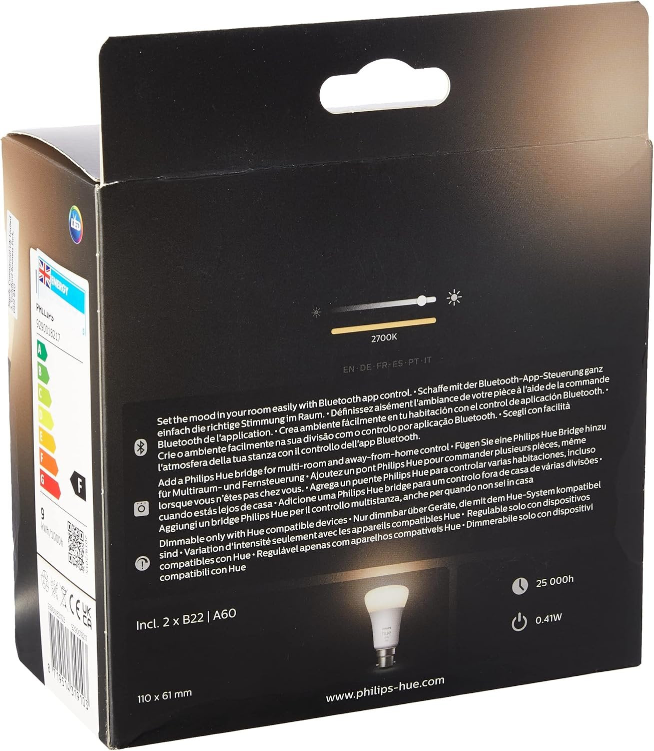 Philips Hue White Smart Bulb Twin Pack LED [B22 Bayonet Cap] - 800 Lumens (60W Equivalent). Compatible with Alexa, Google Assistant and Apple Homekit